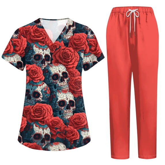 Women’s 2026 New Halloween Scrubs Sets, V-Neck Short Sleeve Top & Jogger Pants, Quick Dry Medical Uniform with Pockets for Nurses, 02-Watermelon Red, M