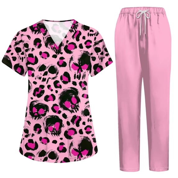 Women’s 2026 New Halloween Scrubs Sets, V-Neck Short Sleeve Top & Jogger Pants, Quick Dry Medical Uniform with Pockets for Nurses, 01-Pink, L