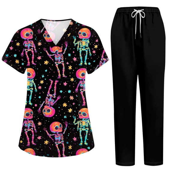 Women’s 2026 New Halloween Scrubs Sets, V-Neck Short Sleeve Top & Jogger Pants, Quick Dry Medical Uniform with Pockets for Nurses, 02-Navy, XXL