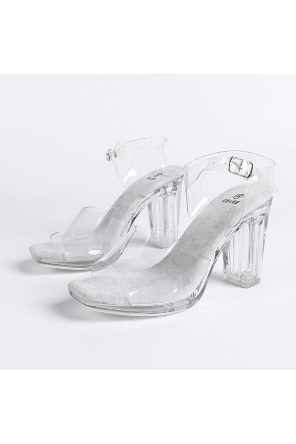 Women's 2026 New Season French Sandals - 10cm Clear Crystal Block Heel, Versatile Open-Toe Design Black Grey 5.5-8 Size