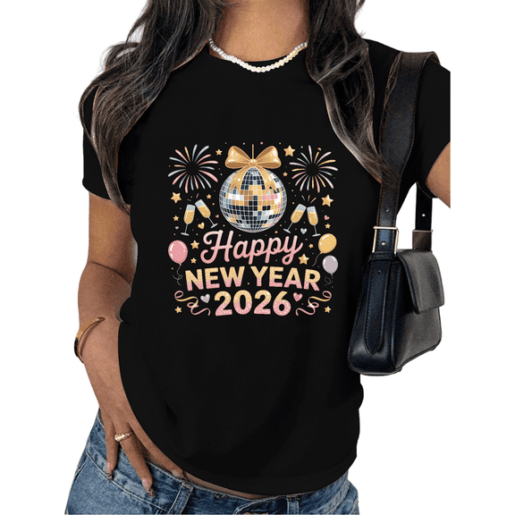 Women's 2026 New Year Comfortable T-Shirt Casual Top Festive Party Graphic Cotton Short Sleeve Round Neck Black S-5XL