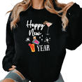 thumbnail image 1 of Women's 2026 New Year Round Neck Printed Cotton Hoodie Graphic Tees Black Colorful Wine Glass Letter New Year Party Round-neck long-sleeved Black S-3XL, 1 of 6