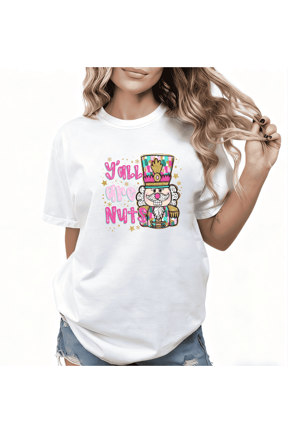 Women's 2026 Playful Christmas T-Shirt - Colorful Nutcracker Soldier Plaid Gold Accents Graphic Short Sleeve Tops