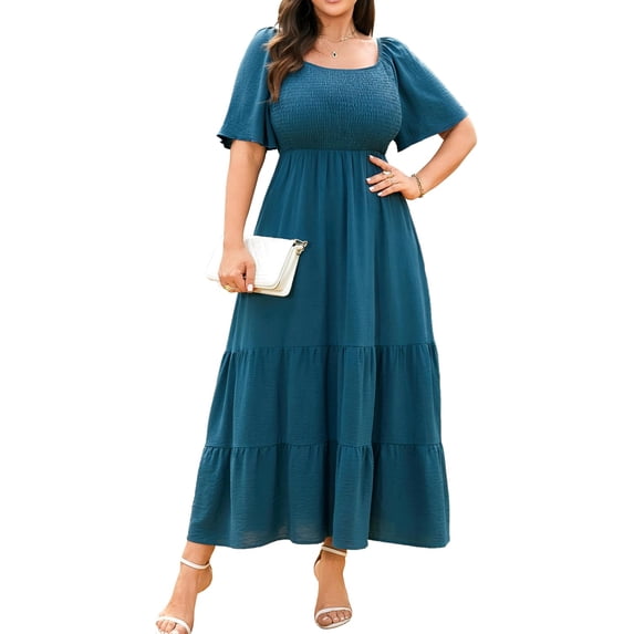 Women's 2026 Plus Size Summer Dress Short Sleeve Smocked Boho Wedding Guest Beach Vacation Floral Maxi Dresses