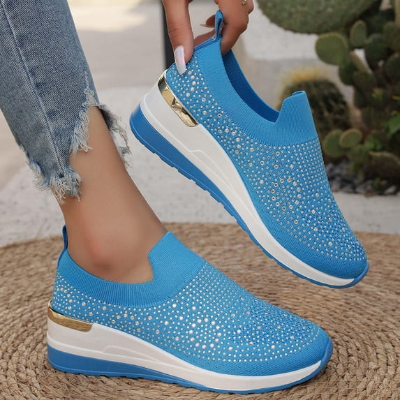 Women's 2026 Rhinestone Mesh Slip-On Sneakers, Orthopedic Wedge Lightweight Walking Shoes & Sparkly Bling Loafer for Fashion, Walking & Casual Comfort, 44
