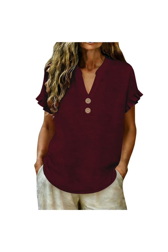 Women's 2026 Ruffle Cap Sleeve Linen T Shirt Boho Button V Neck Boxy Summer Blouses Short Sleeve Plain Tunics