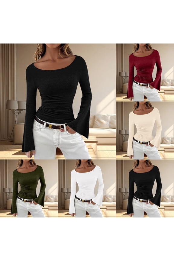 Women's 2026 Shirts Elegant Solid Color Boat Neck Flared Sleeve Slimming Blouse Ruffle Long Sleeve For Casual Tunics Trendy Clothing