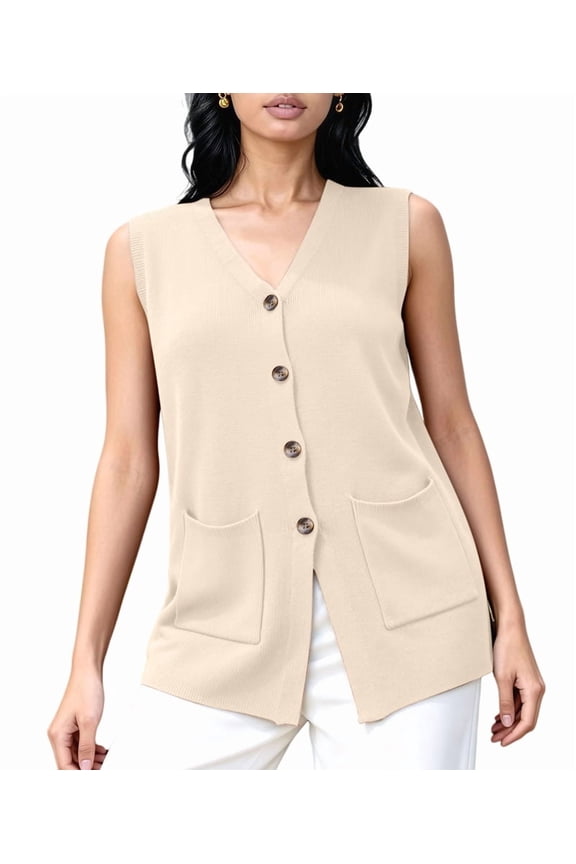 Women's 2026 Sleeveless Button Down Cardigan Sweaters Fashion Casual Soft Knit Office Duster Vests with Cozy Pockets
