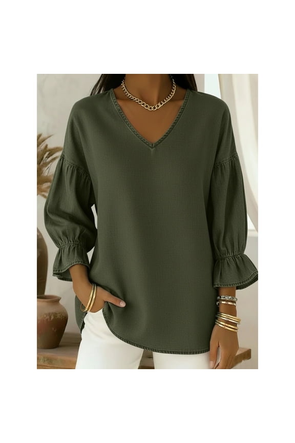 Women's 2026 Solid Color Loose Fit V-Neck Long Sleeve Shirt, Denim-Look Pullover Top, Nine-Sixth Sleeve Retro Casual Blouse for Everyday Wear, Home, Office and Vacation Green S