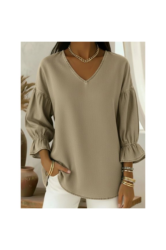 Women's 2026 Solid Color Loose Fit V-Neck Long Sleeve Shirt, Denim-Look Pullover Top, Nine-Sixth Sleeve Retro Casual Blouse for Everyday Wear, Home, Office and Vacation Khaki S