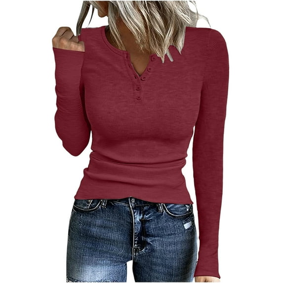 Women's 2026 Spring Fall Long Sleeve Henley T Shirts Button Ribbed Knit Slim Fit Casual Basic Tops Blouse