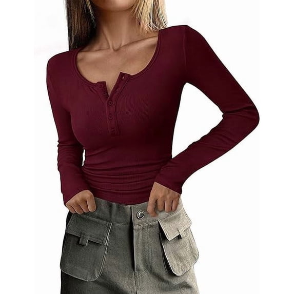 T Sprang Women's 2026 Spring Fall Long Sleeve Henley T Shirts Button Ribbed Knit ...
