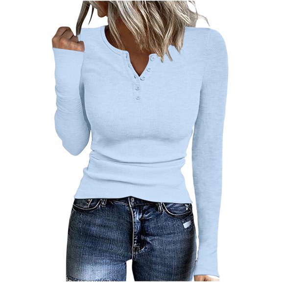 Women's 2026 Spring Fall Long Sleeve Henley T Shirts Button Ribbed Knit Slim Fit Casual Basic Tops Blouse