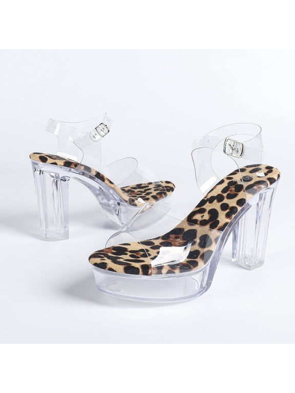 Women's 2026 Spring Leopard Print Sandals, Clear Platform Crystal Sole Waterproof Work Dance Shoes Size 3.94inch Heel 36-40