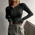thumbnail image 1 of Women's 2026 Spring Long Sleeve Henley T Shirts Button Ribbed Knit Slim Fit Basic Tops Blouse Casual Outfits Black XXL, 1 of 7