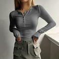 thumbnail image 1 of Women's 2026 Spring Long Sleeve Henley T Shirts Button Ribbed Knit Slim Fit Basic Tops Blouse Casual Outfits Gray S, 1 of 7