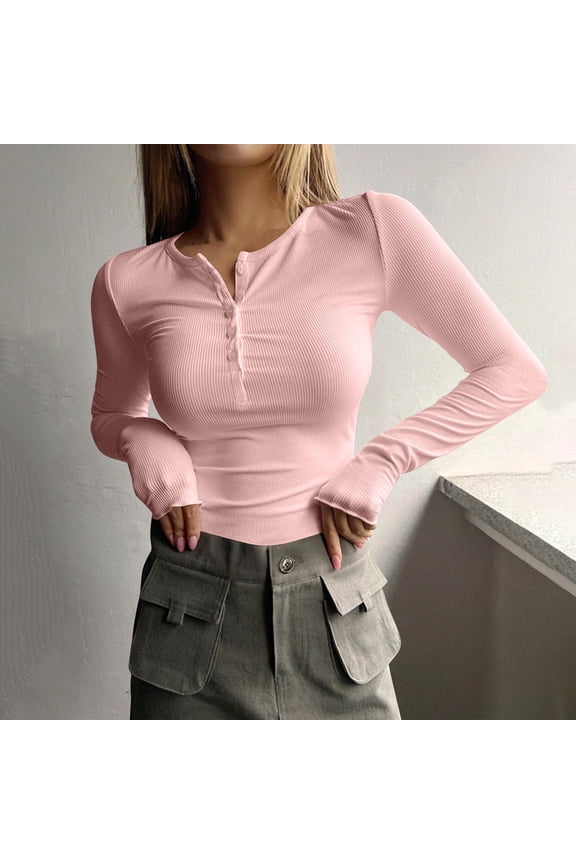 Women's 2026 Spring Long Sleeve Henley T Shirts Button Ribbed Knit Slim Fit Basic Tops Blouse Casual Outfits Pink L