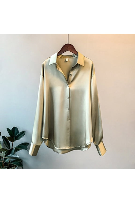 Women's 2026 Spring Summer Long Sleeve Satin Shirt, Solid Color Button Down Blouse with Sun Protection, Drapey Retro Casual Tops for Everyday Wear Green L