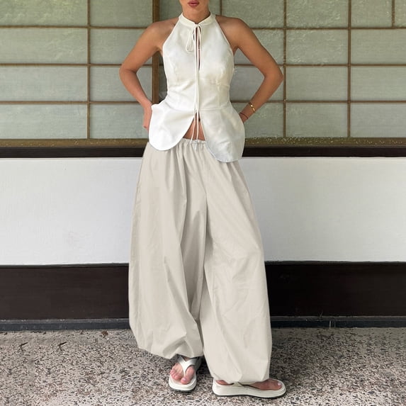 Women's 2026 Spring Summer Street Style Balloon Wide Leg Pants, Loose Pleated Baggy Harem Trousers, Casual Relaxed Joggers for Daily Wear Beige L