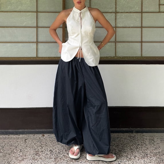 Women's 2026 Spring Summer Street Style Balloon Wide Leg Pants, Loose Pleated Baggy Harem Trousers, Casual Relaxed Joggers for Daily Wear Navy S