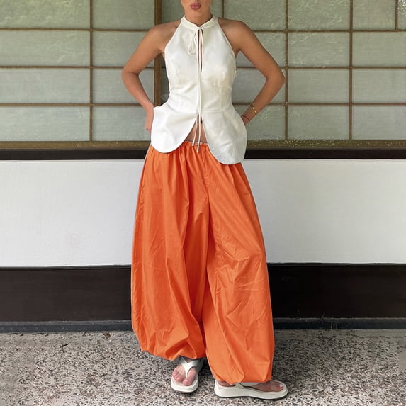Women's 2026 Spring Summer Street Style Balloon Wide Leg Pants, Loose Pleated Baggy Harem Trousers, Casual Relaxed Joggers for Daily Wear Orange L