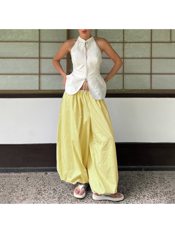 Women's 2026 Spring Summer Street Style Balloon Wide Leg Pants, Loose Pleated Baggy Harem Trousers, Casual Relaxed Joggers for Daily Wear Yellow L