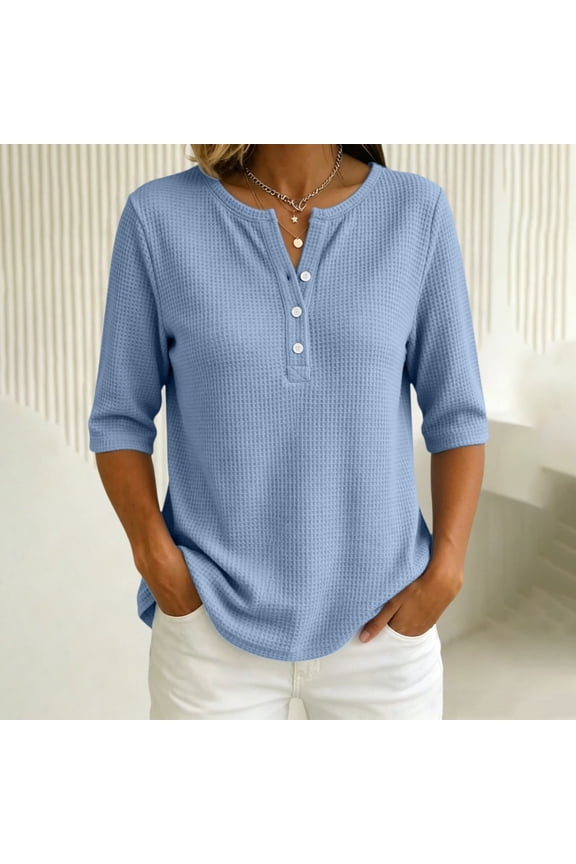 Women's 2026 Spring Summer Waffle Texture Solid Color V Neck Button Front Half Sleeve Top, Loose Fit Casual Pullover Blouse for Daily Wear, Breathable and Lightweight Light Blue XL
