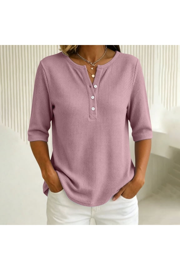 Women's 2026 Spring Summer Waffle Texture Solid Color V Neck Button Front Half Sleeve Top, Loose Fit Casual Pullover Blouse for Daily Wear, Breathable and Lightweight Pink XXL