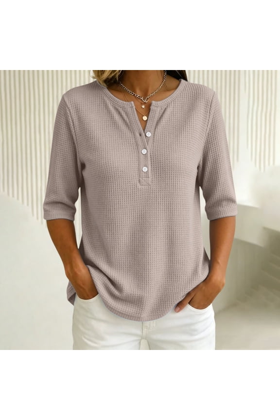 Women's 2026 Spring Summer Waffle Texture Solid Color V Neck Button Front Half Sleeve Top, Loose Fit Casual Pullover Blouse for Daily Wear, Breathable and Lightweight Khaki XL