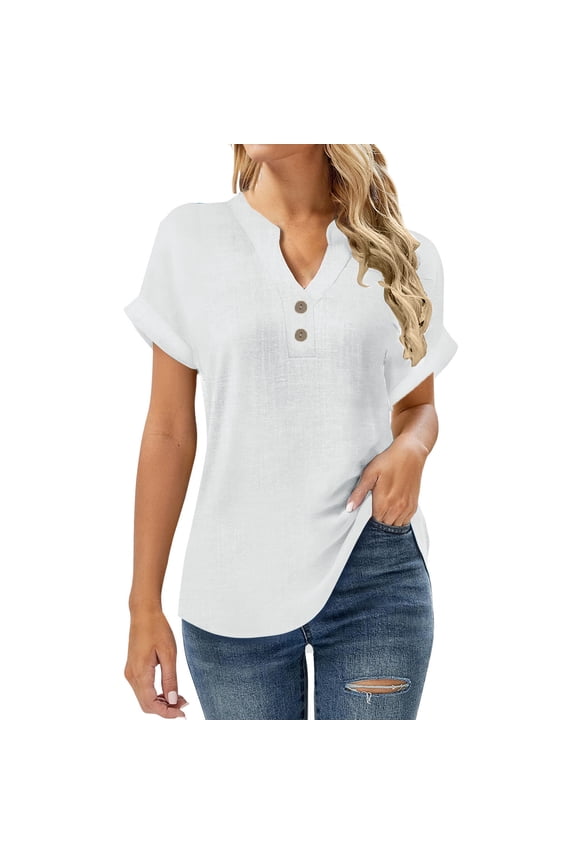Women's 2026 Summer Breathable Linen-Blend Tie Front Short Sleeve Blouse V-Neck Loose Fit Daily Commute Vacation Casual Fashion Tops