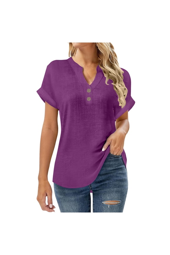 Women's 2026 Summer Breathable Linen-Blend Tie Front Short Sleeve Blouse V-Neck Loose Fit Daily Commute Vacation Casual Fashion Tops