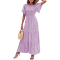thumbnail image 1 of Women's 2026 Summer Casual Boho Floral Print Short Flutter Sleeve Crew Neck Smocked High Waist Smocked Flowy Long Maxi Dress, 1 of 5
