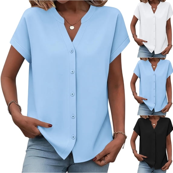 Women's 2026 Summer Casual Button Down Blouse Short Sleeve V Neck Loose Fit Shirt Lightweight Breathable Office & Daily Wear Tops Black S