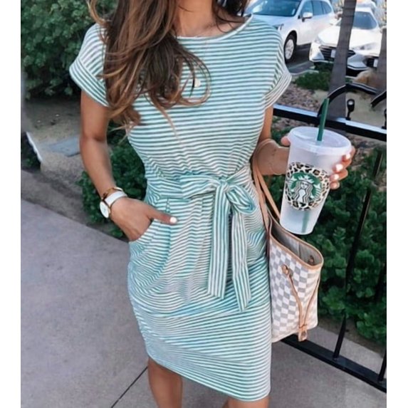 Women's 2026 Summer Casual Dress Short Sleeve Crewneck Striped Tie Waist Work Trendy T Shirt Dresses