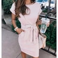 thumbnail image 1 of Women's 2026 Summer Casual Dress Short Sleeve Crewneck Striped Tie Waist Work Trendy T Shirt Dresses, 1 of 9