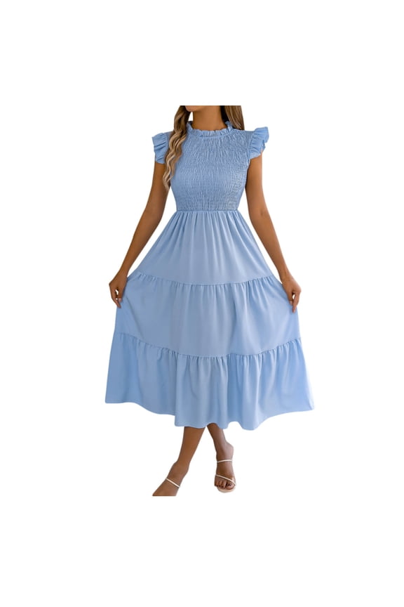 Women's 2026 Summer Casual Dresses Flutter Cap Sleeve Crew Neck Elegant Smocked Elastic Waist Tiered Midi Dress