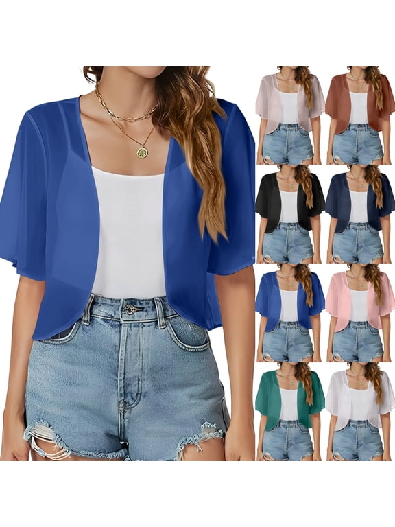 Women's 2026 Summer Chiffon Shrug Cardigans Open Front Short Sleeve Cropped Bolero Lightweight Sheer Cover Up for Evening Dress Wedding Party ,S,Blue