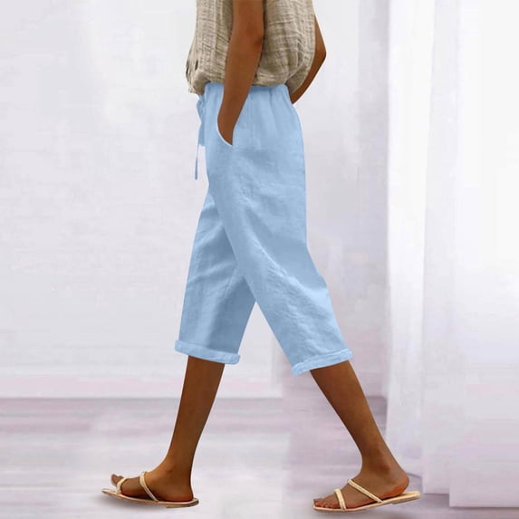 Women's 2026 Summer Cotton Linen Capris Elastic Drawstring High Waist Loose Casual Cropped Beach Pants Light Blue S