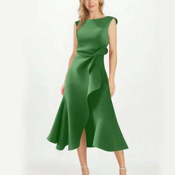 Women's 2026 Summer Dresses Solid-Color Button Short-Sleeved Lapel Casual Belt Pocket Sundresses — Green∣2XL