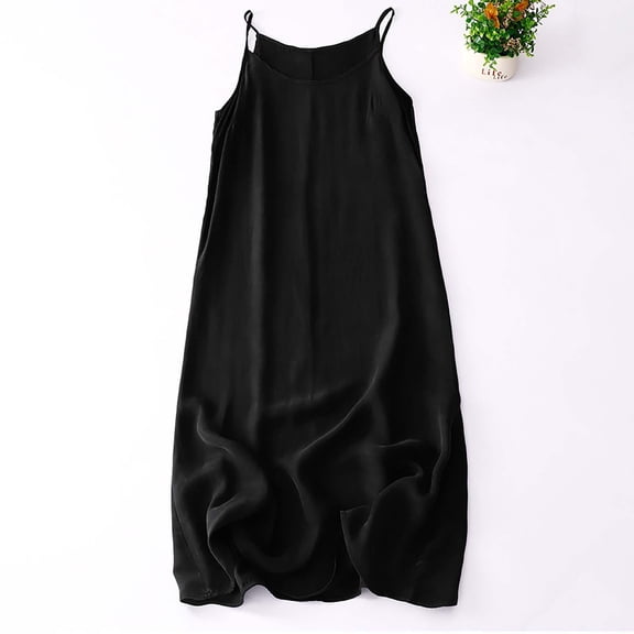 Women's 2026 Summer Dresses Solid Color Camis Sleeveless Round Neck Black Sundresses M-2XL