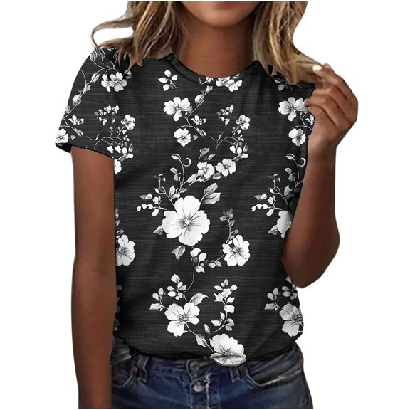 Women's 2026 Summer Floral Blouses Ruffle Short Sleeve V Neck Tops Casual Loose T Shirts