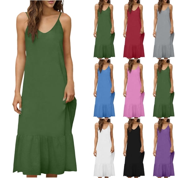Women's 2026 Summer Flowy Maxi Dress Casual Sleeveless Spaghetti Strap Ruffle Beach Long Dresses Green S