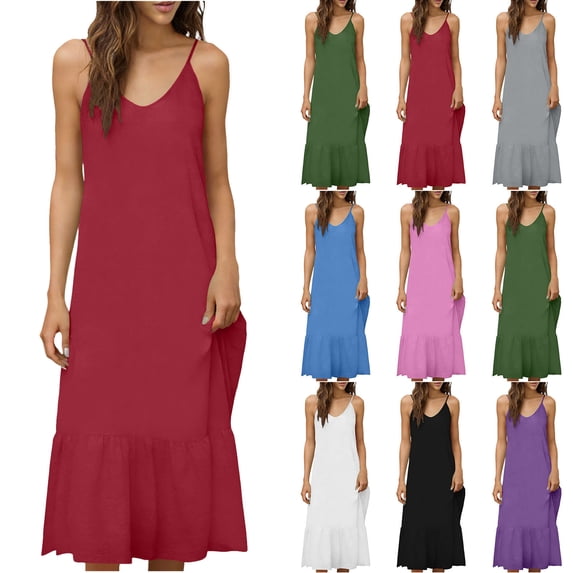 Women's 2026 Summer Flowy Maxi Dress Casual Sleeveless Spaghetti Strap Ruffle Beach Long Dresses Red XL