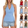 thumbnail image 1 of Women's 2026 Summer Halter Wrap Tops Sleeveless V Neck Ruched Tie Fitted Racerback Trendy Going Out Tops Halter Wrap Top with Side Ring Light Blue L, 1 of 9
