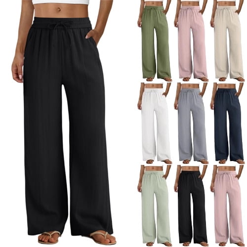 Women's 2026 Summer High Waisted Drawstring Wide Leg Flowy Palazzo Beach Trousers with Pockets, Black L