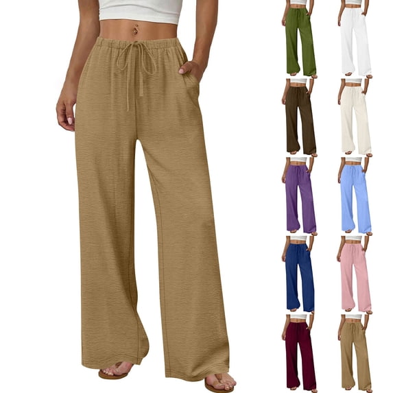 Women's 2026 Summer Lightweight Cotton Linen Wide Leg Trousers Elegant Casual Pants with Pockets by Yigetop Wine M