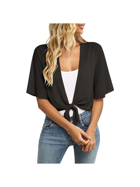 Women's 2026 Summer Lightweight Short Chiffon Bolero Cardigan Shrug Sheer Tie Front Top 3/4 Sleeve Jacket for Dress