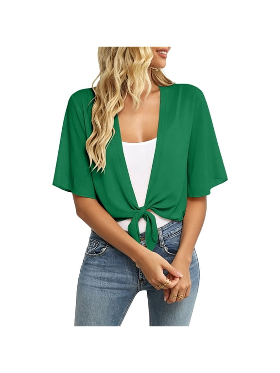Women's 2026 Summer Lightweight Short Chiffon Bolero Cardigan Shrug Sheer Tie Front Top 3/4 Sleeve Jacket for Dress