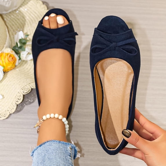 Women's 2026 Summer Loafers Casual Solid Color Peep Toe Open Toe Bow Decor Soft Sole Slip On Lightweight Cushioned Orthopedic Arch Support Wide Toe Box Comfortable Walking Daily Flat Shoes Navy 41