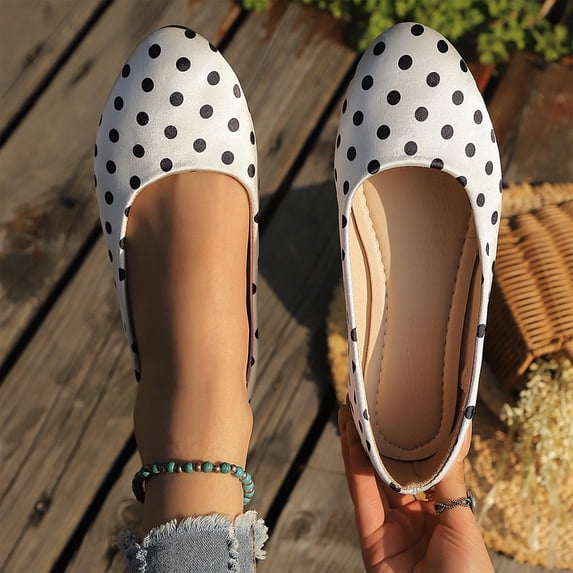 Women's 2026 Summer Loafers Polka Dot Print Low Cut Soft Sole Slip On Lightweight Cushioned Orthopedic Arch Support Wide Toe Box Comfort Walking Daily Footwear White 40